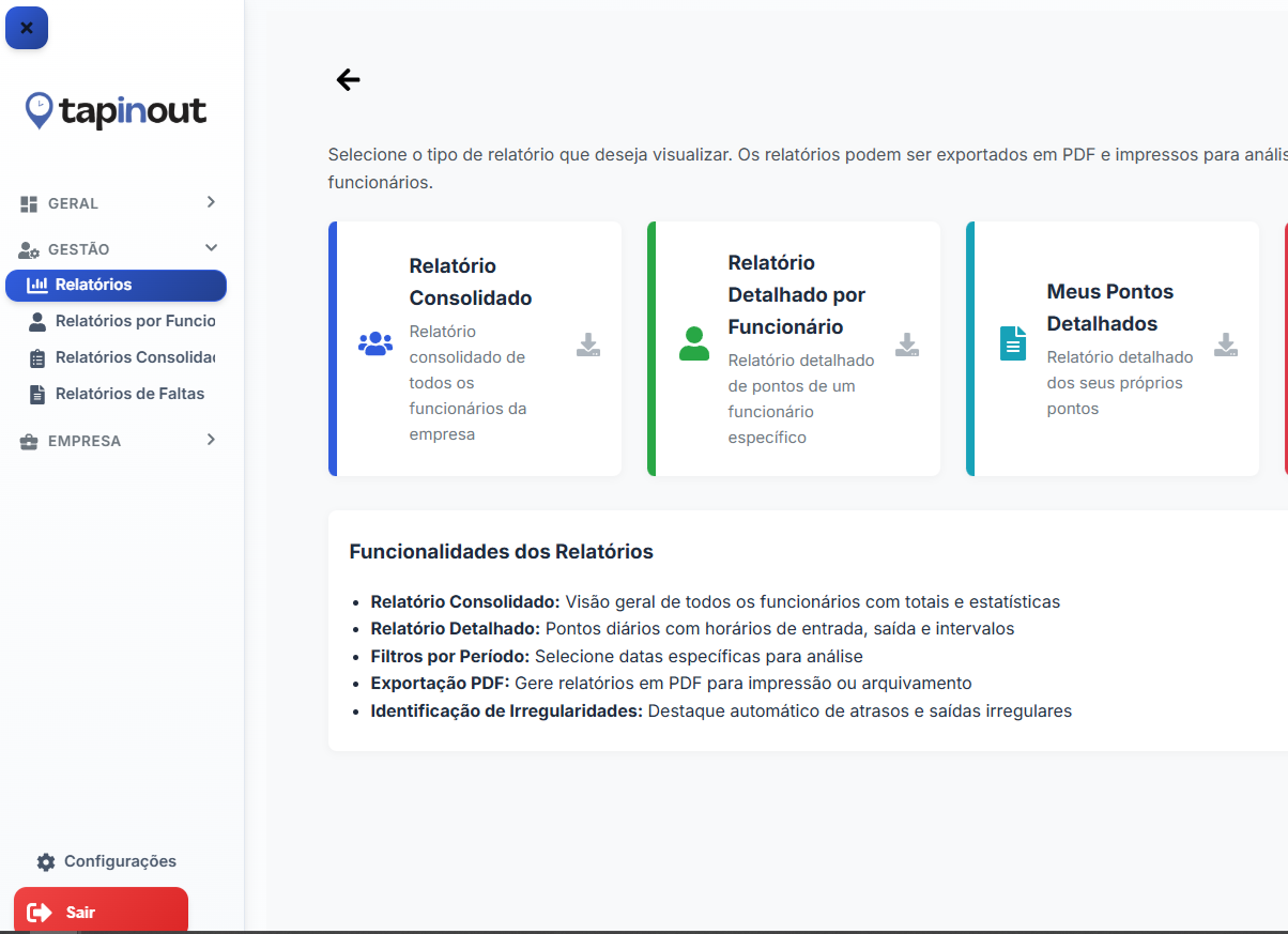 Dashboard web TapInOut mostrando painel de gestão
