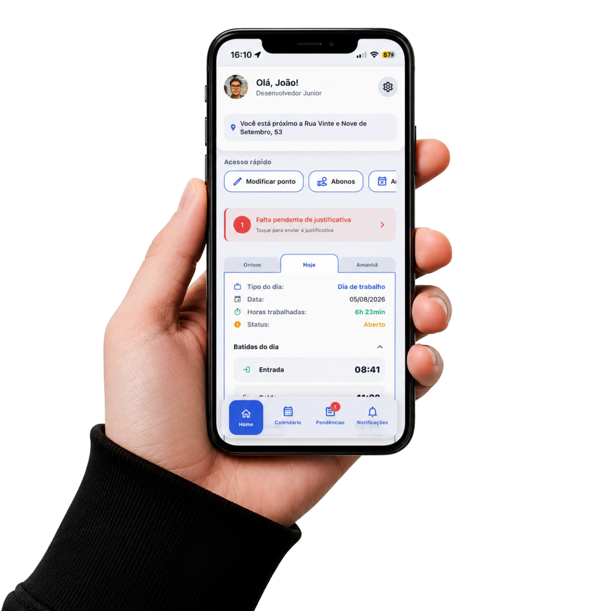 Mão segurando celular com o app TapInOut aberto — ponto, pendências e jornada do dia